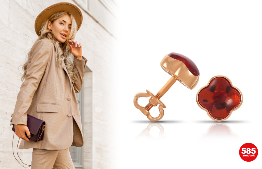 585 золотой, янтарь, серьги, поделочные камни, тренд 2022, аксессуары, пусеты, деловой стиль