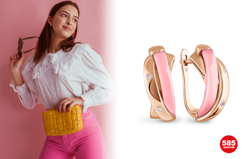 barbiecore, розовый цвет, 585 золотой, тренды 2022, мода, украшения, серьги с керамикой