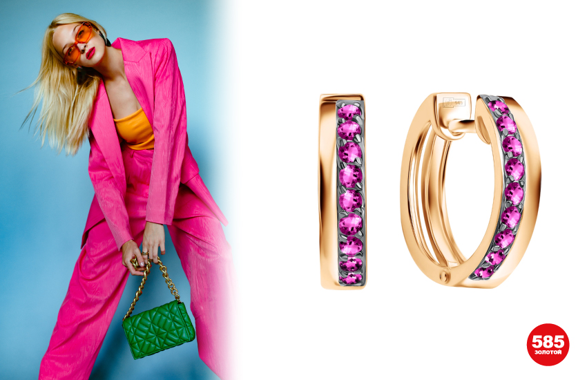 barbiecore, розовый цвет, 585 золотой, тренды 2022, мода, украшения, серьги с рубинами, бриллианты