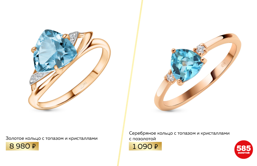 кольцо с топазом из золота, кольцо с топазом из серебра