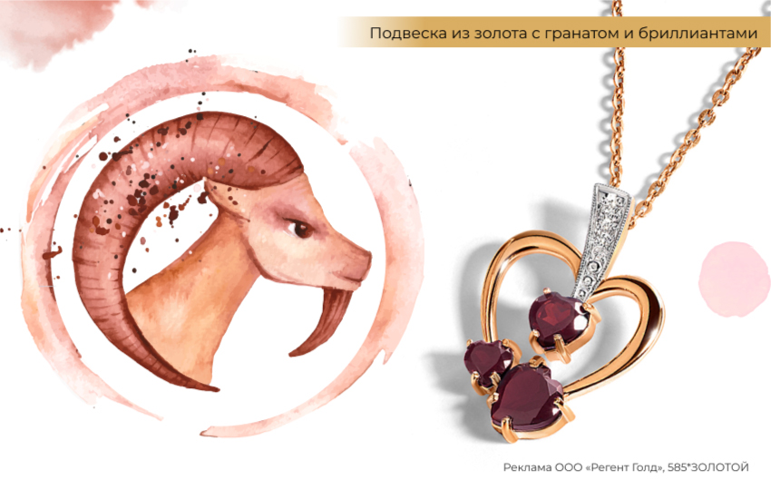 знак зодиака Козерог, подвеска-сердечко с гранатом, талисман