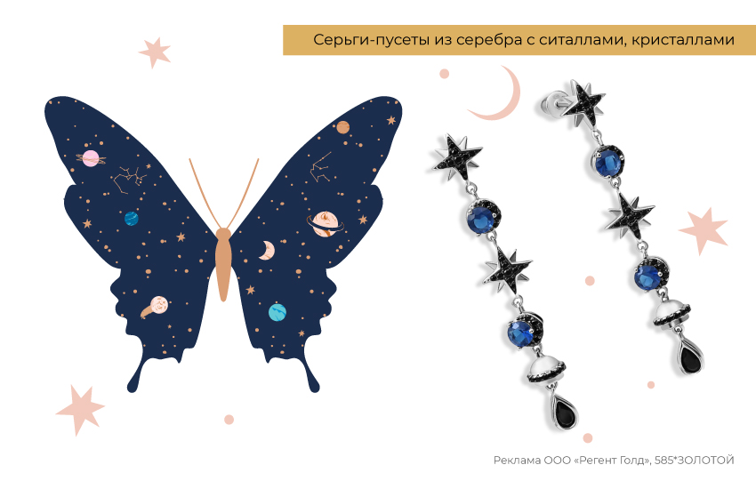 бабочка, астрономия, планеты, длинные серьги с кристаллами