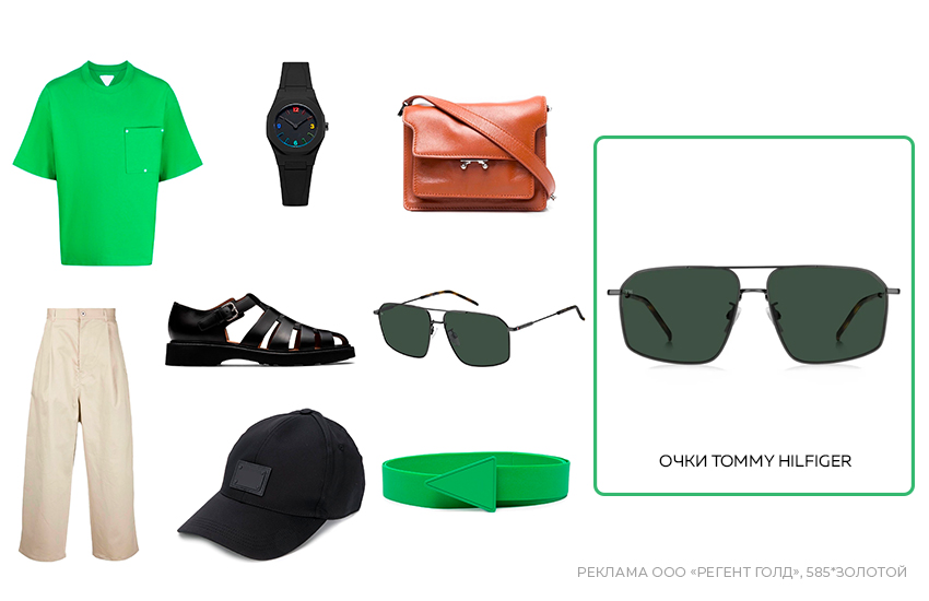 мужская мода, стильный образ, зеленая футболка, очки авиаторы