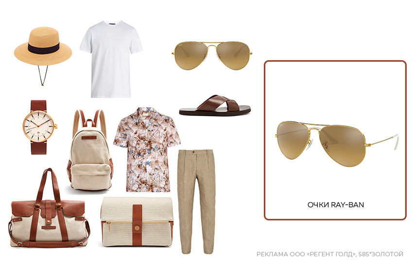 модный образ для мужчины, стиль сафари, солнцезащитные очки, часы, соломенная шляпа