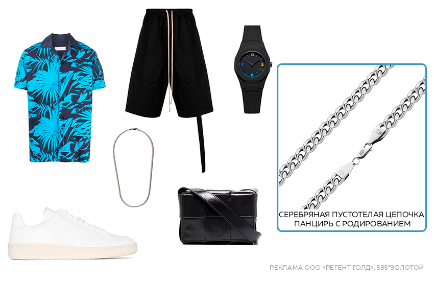 модный образ для мужчины, спортиный стиль, неоновый принт, себеряная цепочка