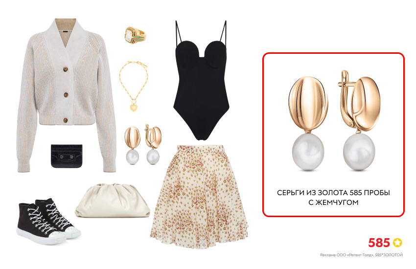 женственный образ, пышная юбка, черное боди, белый кардиган, серьги с жемчугом