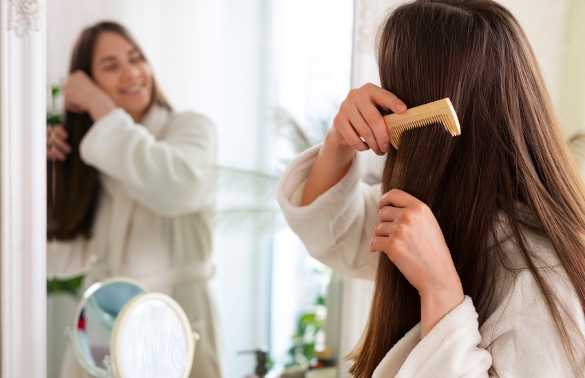 красивая девушка, уход за волосами, зеркало, расческа