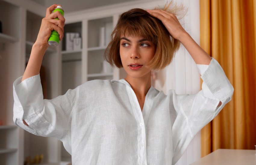 красивая девушка, уход за волосами, спрей для волос