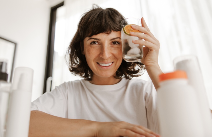 красивая девушка, уход за волосами, вода с лимоном