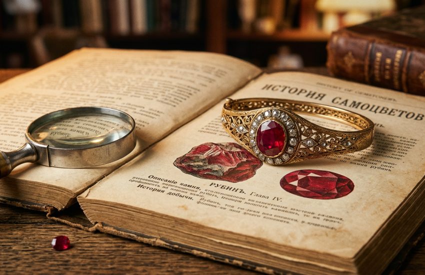 Кольцо с красным рубином на странице старинной книги